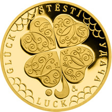 Náhled Averzní strany - Zlatá 1/4 Oz medaile Čtyřlístek pro štěstí s personifikací