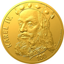 Náhled Averzní strany - Zlatá medaile s motivem 100 Kč bankovky Karel IV. proof
