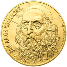 Náhled Averzní strany - Zlatá investiční medaile - motiv z bankovky 200 Kč J. A. Komenský - 1 Kg