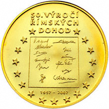 Náhled Reverzní strany - Zlatá investiční medaile - 50. výročí Římských dohod – vznik EU