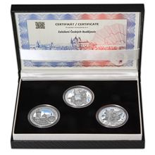 Náhled - ZALOŽENÍ ČESKÝCH BUDĚJOVIC – návrhy mince 200 Kč - sada 3x stříbro 1 Oz patina