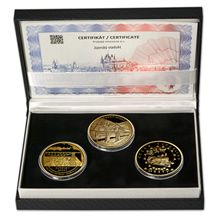 Náhled - JIZERSKÝ MOST NA TRATI TANVALD-HARACHOV – návrhy mince 5000 Kč sada tří Au medailí 1/2 Oz b.k.