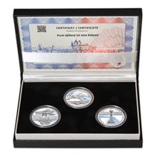 Náhled - PRVNÍ DÁLKOVÝ LET JANA KAŠPARA – návrhy mince 200 Kč - sada 3x stříbro 34mm Proof