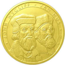 Náhled Reverzní strany - Zlatá investiční mince - 50 NZD - Jan Hus a John Wycliff