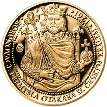 Náhled Averzní strany - Sada zlatého dukátu a stříbrného odražku Korunovace Přemysla Otakara II. - b.k.