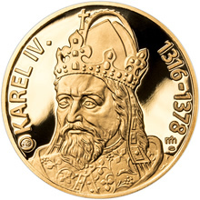 Náhled Averzní strany - Sada zlatého dukátu a stříbrného odražku Karel IV. 700. výročí narození - b.k.
