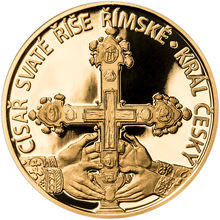 Náhled Reverzní strany - Sada zlatého dukátu a stříbrného odražku Karel IV. 700. výročí narození - b.k.