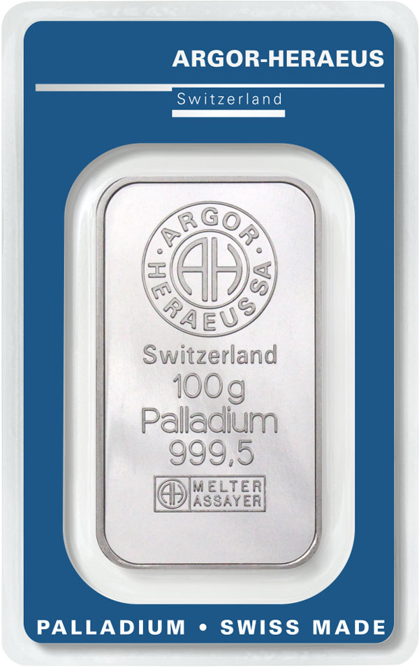Náhled Averzní strany - Argor Heraeus SA 100 g Palladium - 100 gram Pd - Investiční palladiový slitek