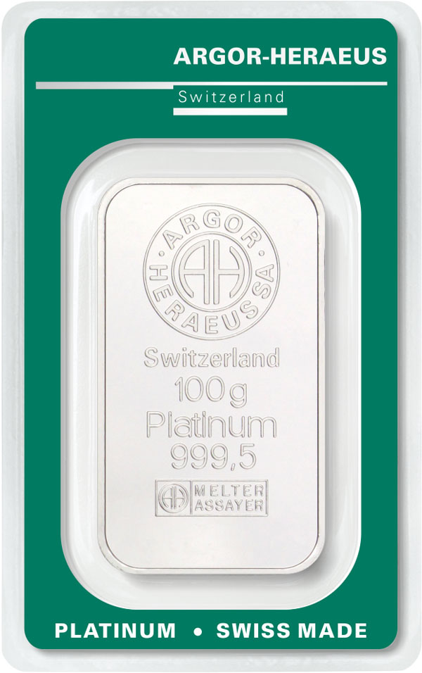 Náhled Averzní strany - Argor Heraeus SA 100 g - 100 gram Pt - Investiční platinový slitek