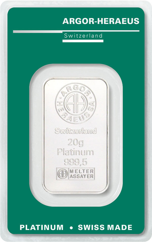 Náhled Averzní strany - Argor Heraeus SA 20 g - 20 gram Pt - Investiční platinový slitek